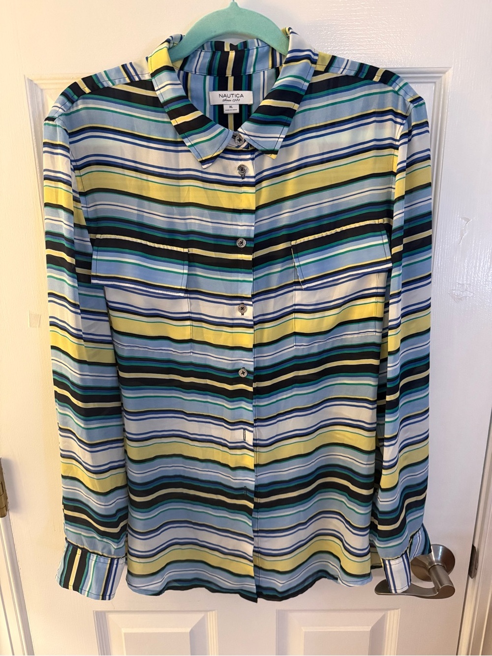 Nautica  women’s Multicolor Striped Button-Up Shirt in Blue, Green, Yellow